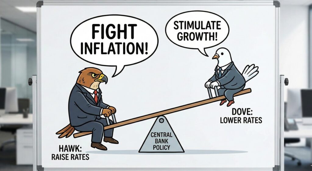 Why Interest Rates Matter in Forex Trading 2 Illustration of a seesaw. Left side "Hawk" (Raise Rates) vs Right side "Dove" (Lower Rates)