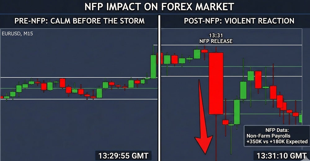 Split visual showing a candlestick chart reacting violently to an NFP release timestamp