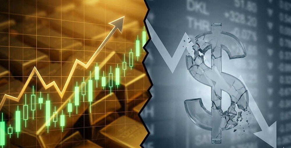 What Are the Main Reasons Behind GOLD (XAUUSD) Movements? 1 A high-contrast split image. Left side shows a rising Gold chart; right side shows a fading US Dollar symbol to illustrate the tug-of-war.
