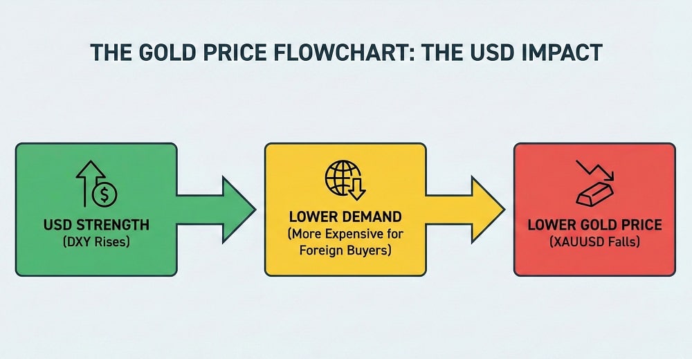 What Are the Main Reasons Behind GOLD (XAUUSD) Movements? 2 "The Gold Price Flowchart" showing arrows connecting USD Strength -> Lower Demand -> Lower Gold Price.