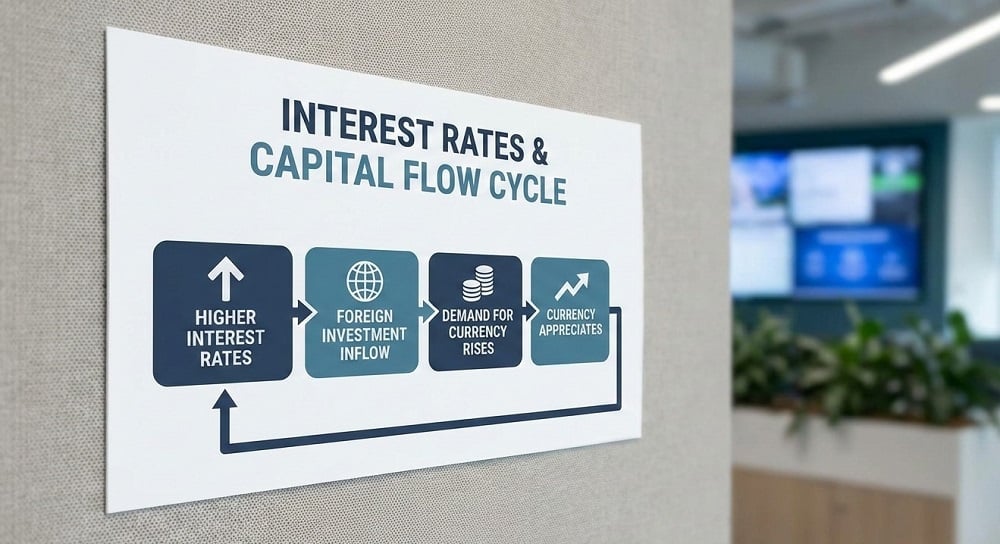 Why Interest Rates Matter in Forex Trading 1 Diagram showing the flow of capital—Higher Rates → Foreign Investment Inflow → Demand Rises → Currency Appreciates