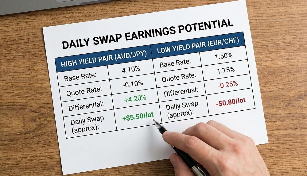 Why Interest Rates Matter in Forex Trading 3 Table comparing a "High Yield Pair" vs a "Low Yield Pair" and the potential daily swap earnings
