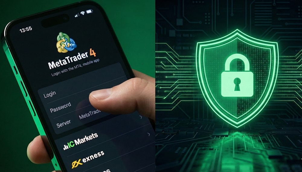 A split-screen concept. Left side: Smartphone displaying the MT4 login screen. Right side: A digital shield lock icon glowing green. Mood: Secure, Professional, Technical. Alt Text: Secure Forex Trading Setup: Setting Investor Password on MT4 mobile app for IC Markets and Exness.