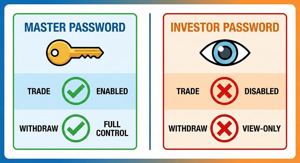 Diagram showing a side-by-side comparison. Left: Master Password (Key icon, green checkmarks for Trade/Withdraw). Right: Investor Password (Eye icon, red X for Trade/Withdraw)