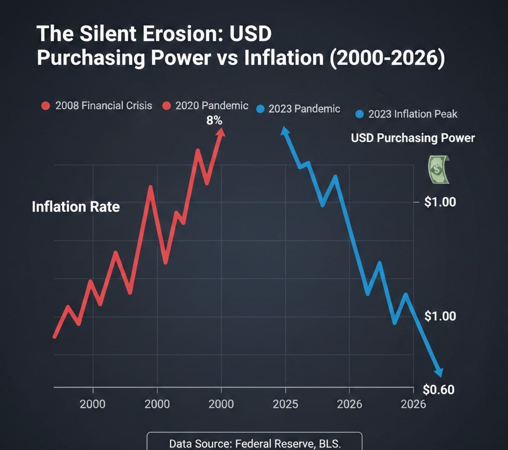 A chart showing the purchasing power of the US Dollar declining over time as inflation rises