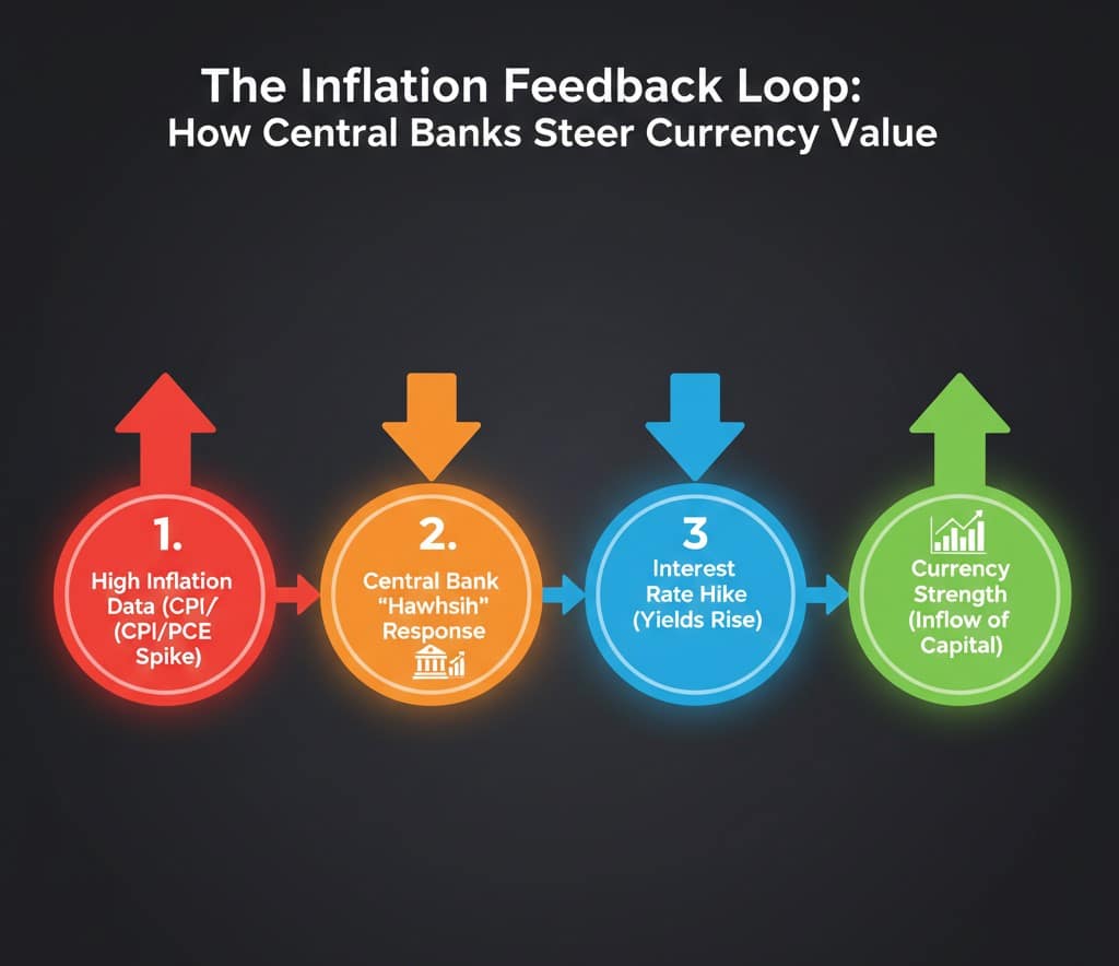 A flow chart showing the Inflation Feedback Loop High Inflation → Rate Hike → Currency Strength