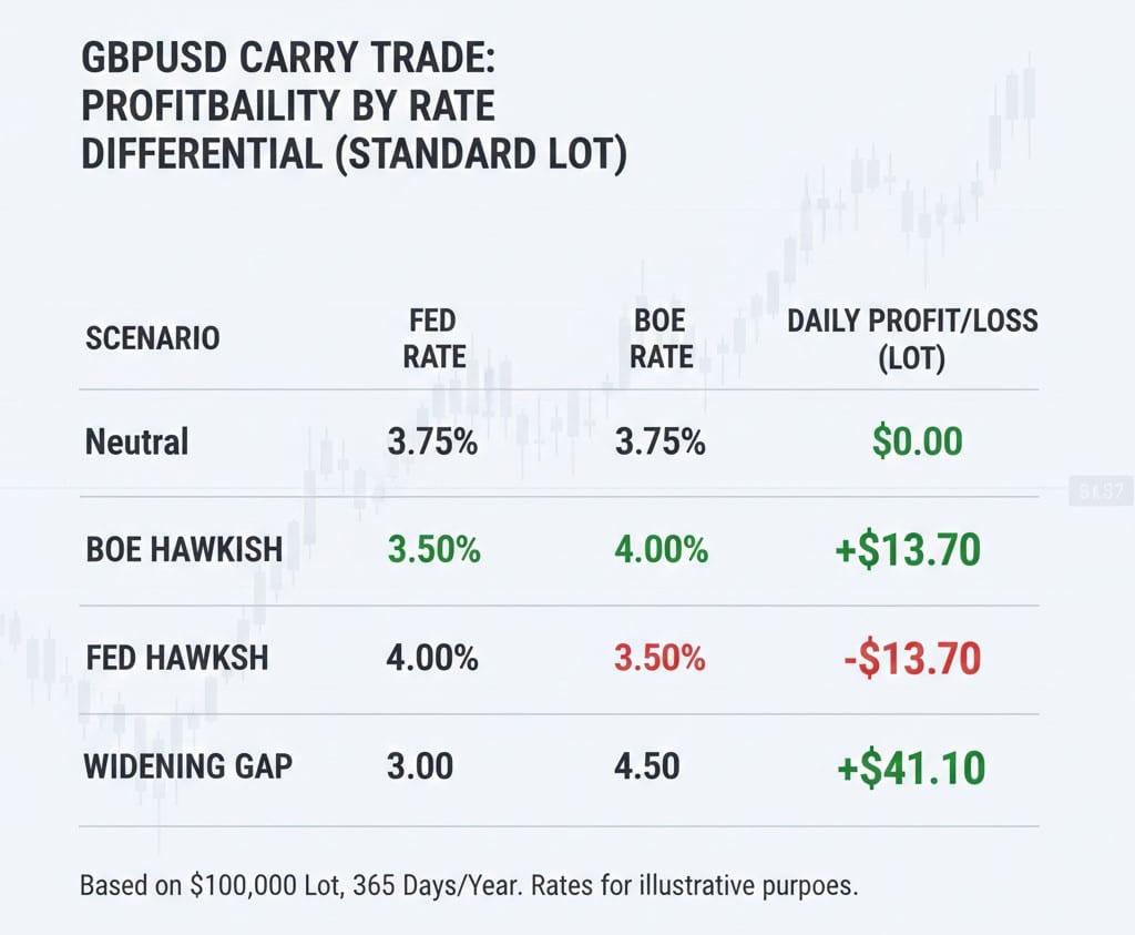 Comparison table showing how different "Swap" rates affect the profitability of a standard lot trade on GBPUSD