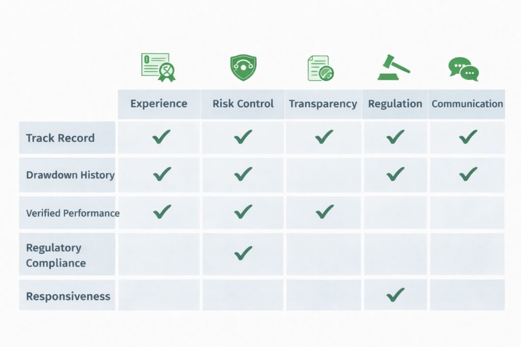 Hire a Professional Forex Trader to Manage Your Account — Without Losing Control of Your Capital 3 Decision matrix showing Experience Risk Control Transparency Regulation Communication