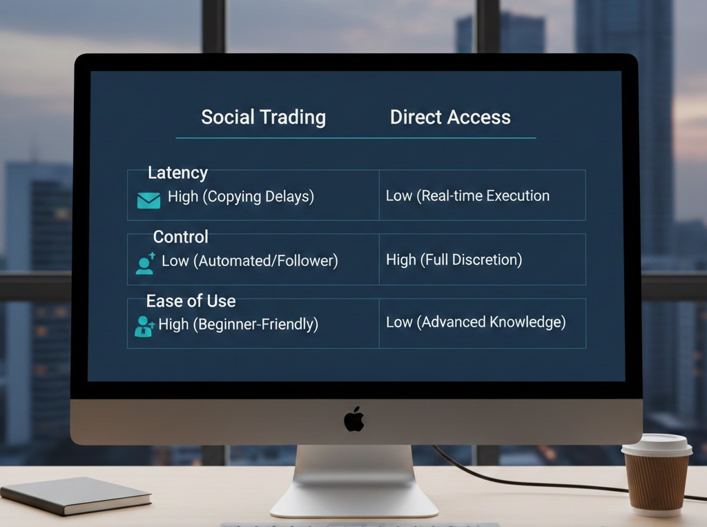 Feature Matrix comparing Social Trading vs. Direct Access across Latency, Control, and Ease of Use