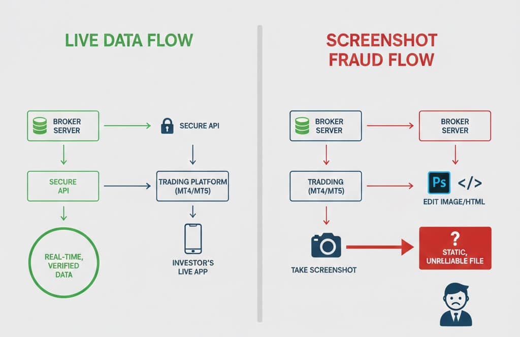 Why Live Investor Access is Better Than Screenshots: The Truth About Trading Transparency 2 Flow chart comparing Broker Server data syncing to a live app vs. a manually edited screenshot file