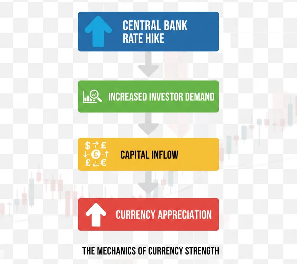 Flow chart showing the cycle of Rate Hike → Increased Investor Demand → Capital Inflow → Currency Appreciation