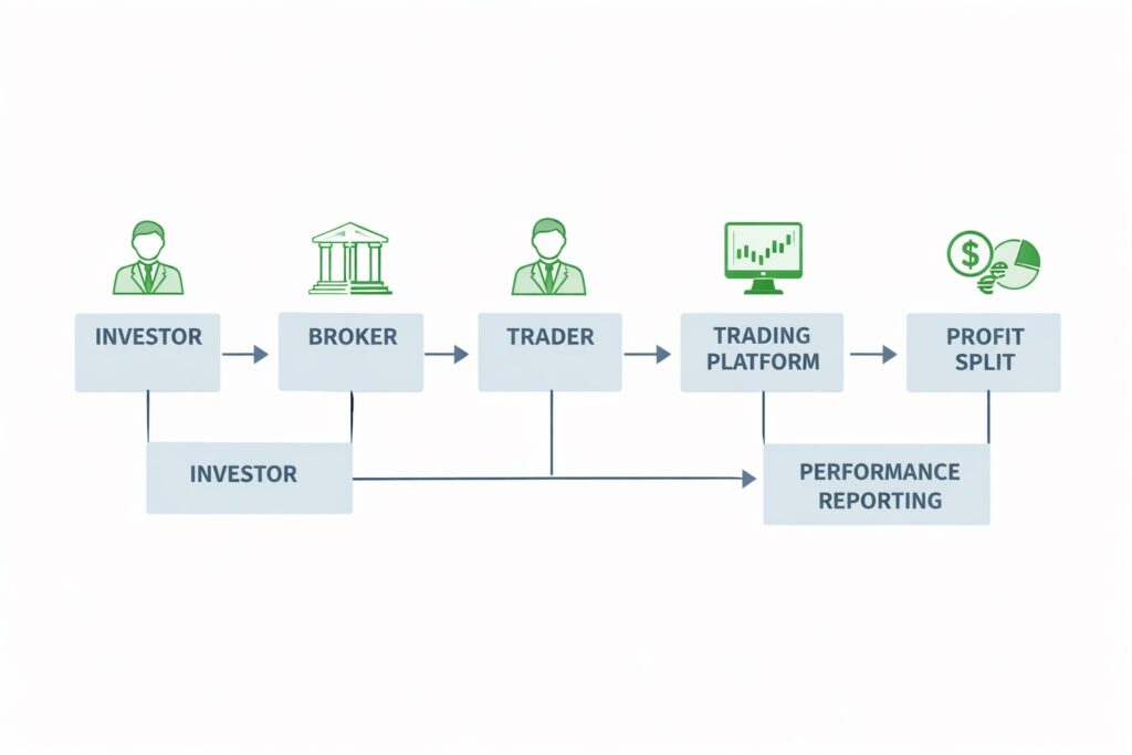 Hire a Professional Forex Trader to Manage Your Account — Without Losing Control of Your Capital 1 Flow diagram showing Investor → Broker → Trader → Trading Platform → Performance Reporting → Profit Split