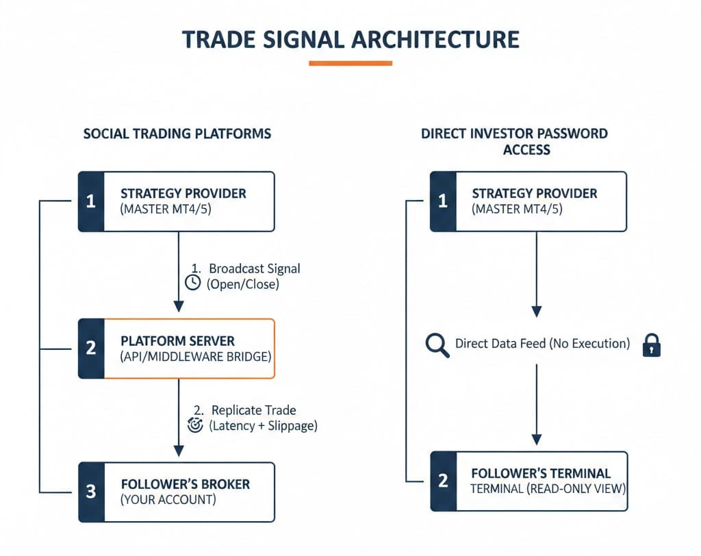 Flowchart showing the 3-step data hop of social platforms vs. the direct terminal view of investor passwords
