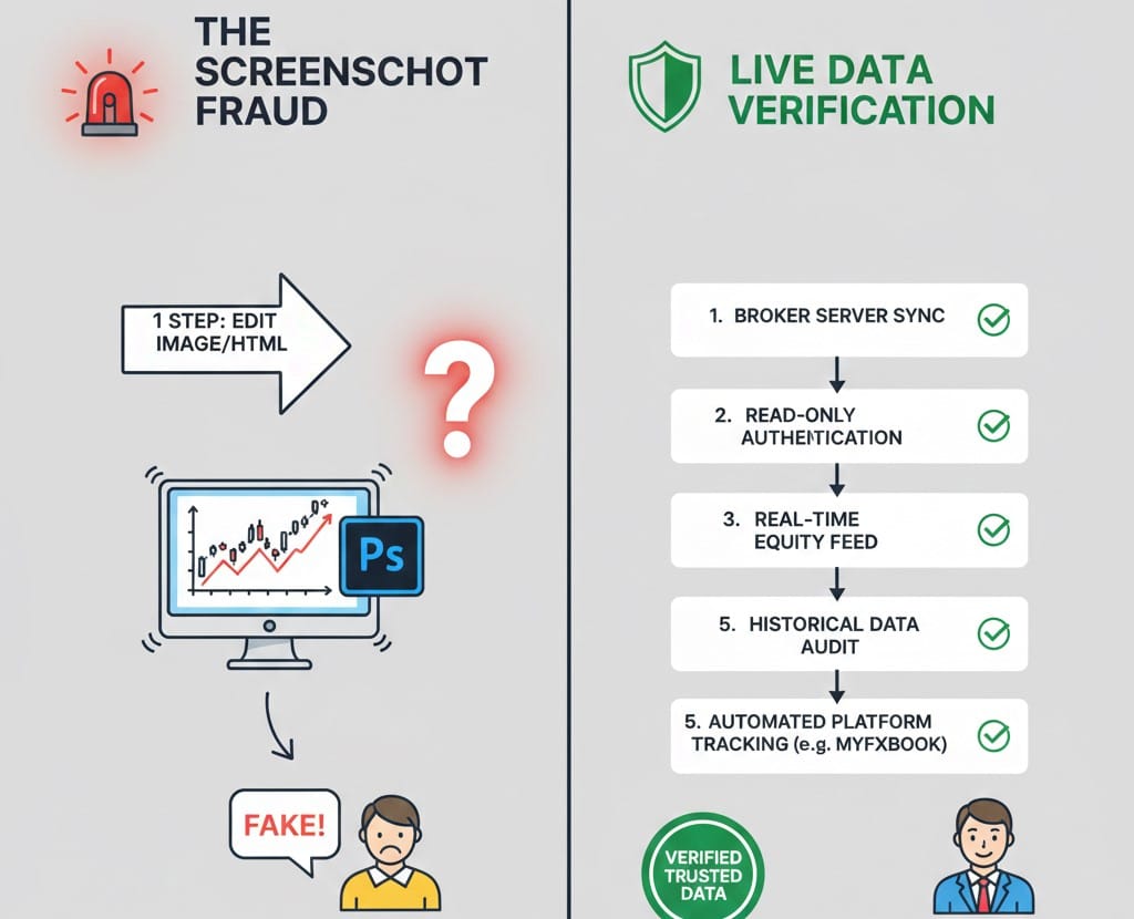 Why Live Investor Access is Better Than Screenshots: The Truth About Trading Transparency 1 Infographic showing the 1 step process of faking a screenshot vs. the 5 layer verification of live data