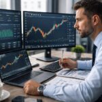 Professional forex trader managing a client account on multiple monitors displaying live currency charts, risk metrics, and performance analytics in a modern office setting.