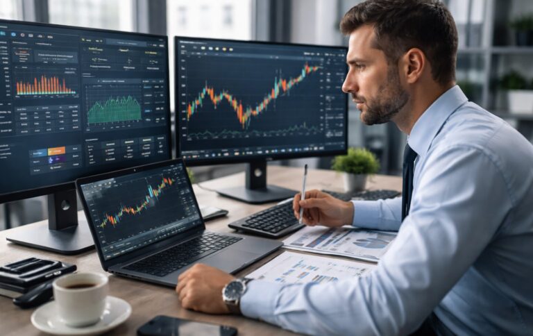 Hire a Professional Forex Trader to Manage Your Account — Without Losing Control of Your Capital 1 Professional forex trader managing a client account on multiple monitors displaying live currency charts, risk metrics, and performance analytics in a modern office setting.