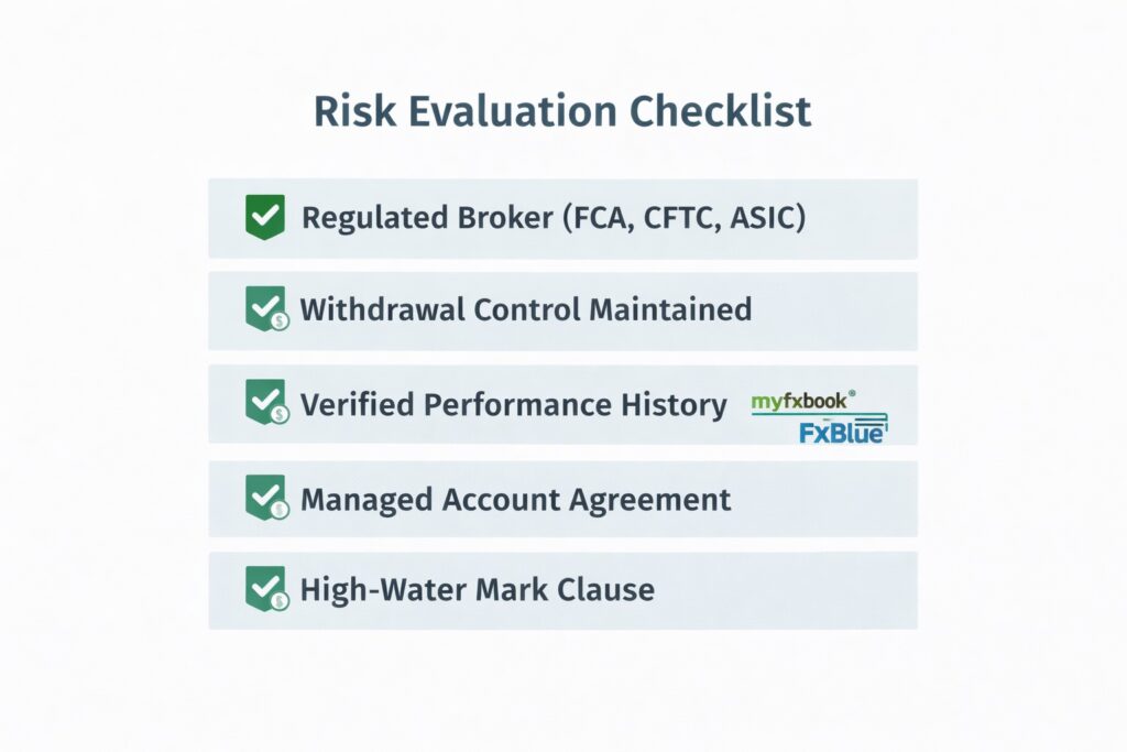 Hire a Professional Forex Trader to Manage Your Account — Without Losing Control of Your Capital 2 Risk Evaluation Checklist graphic with 5 compliance checkpoints